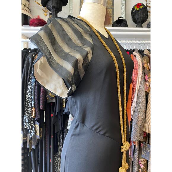 vintage 1970s black rayon dress with striped sleeves medium 1930s style art deco - Picture 4 of 10